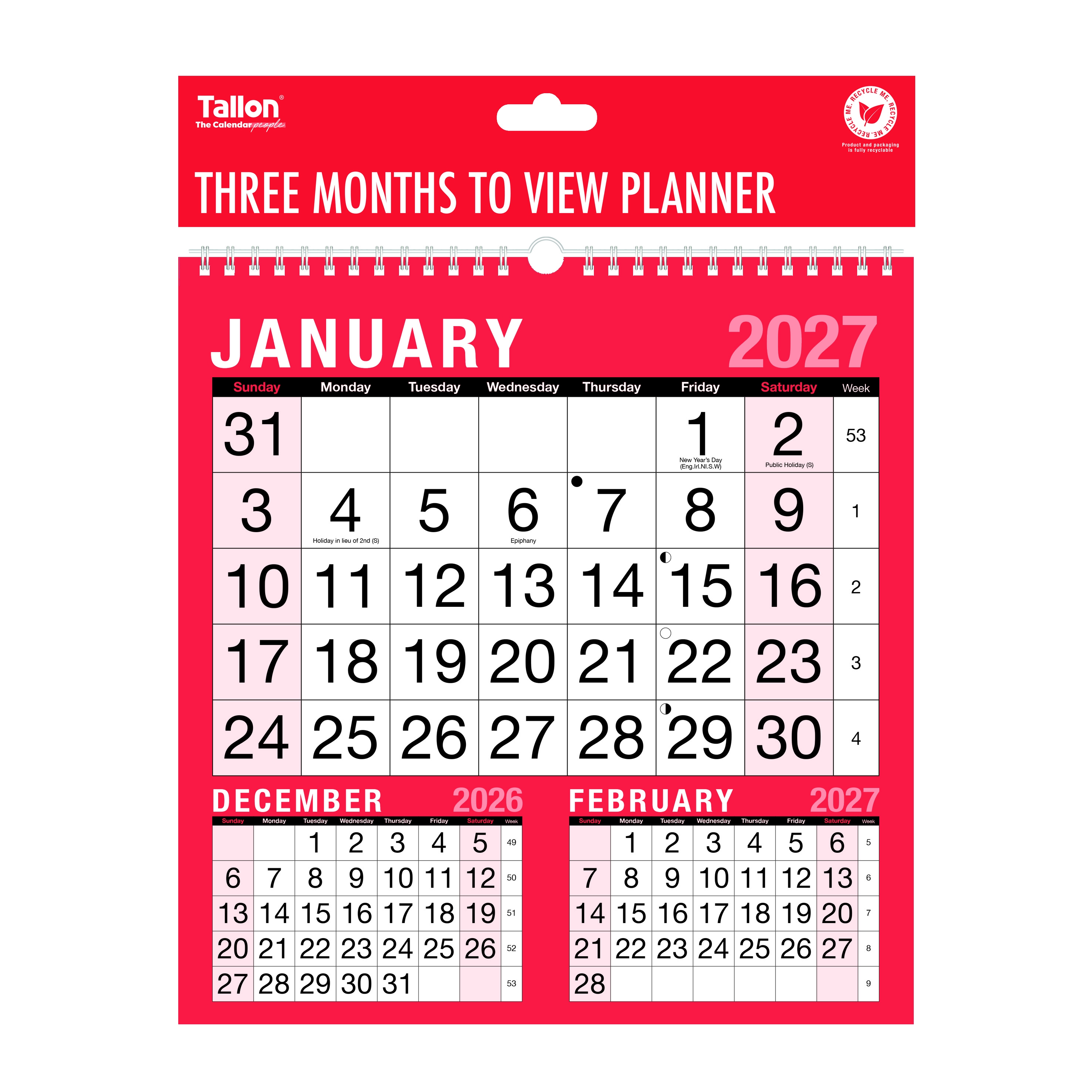 CALENDAR,3 Months to View 2027 Planner,Twin Wire,H/pk [Packs Only]