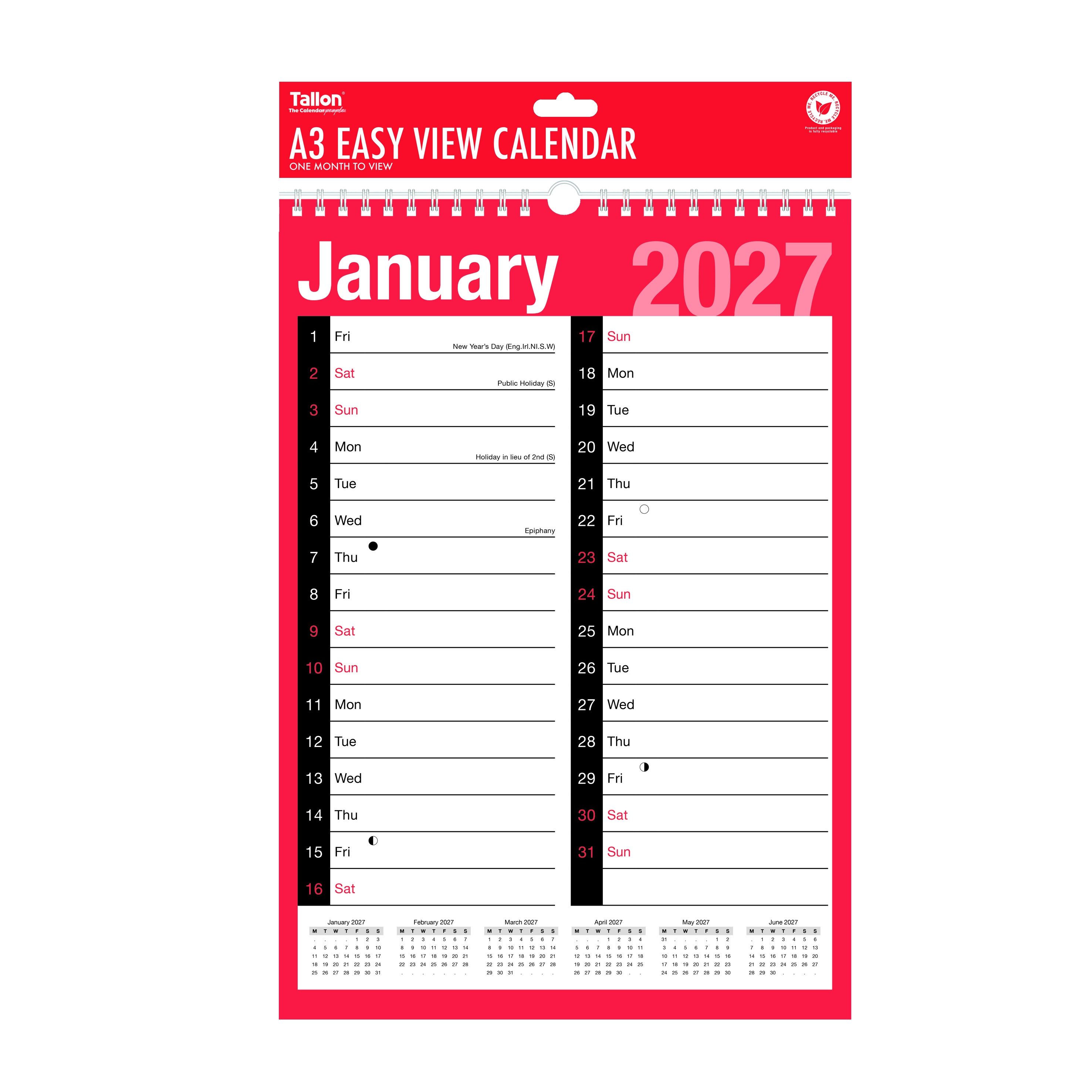CALENDAR,A3 Engagement,Month to View,Twin Wire, 2027 H/pk [Packs Only]