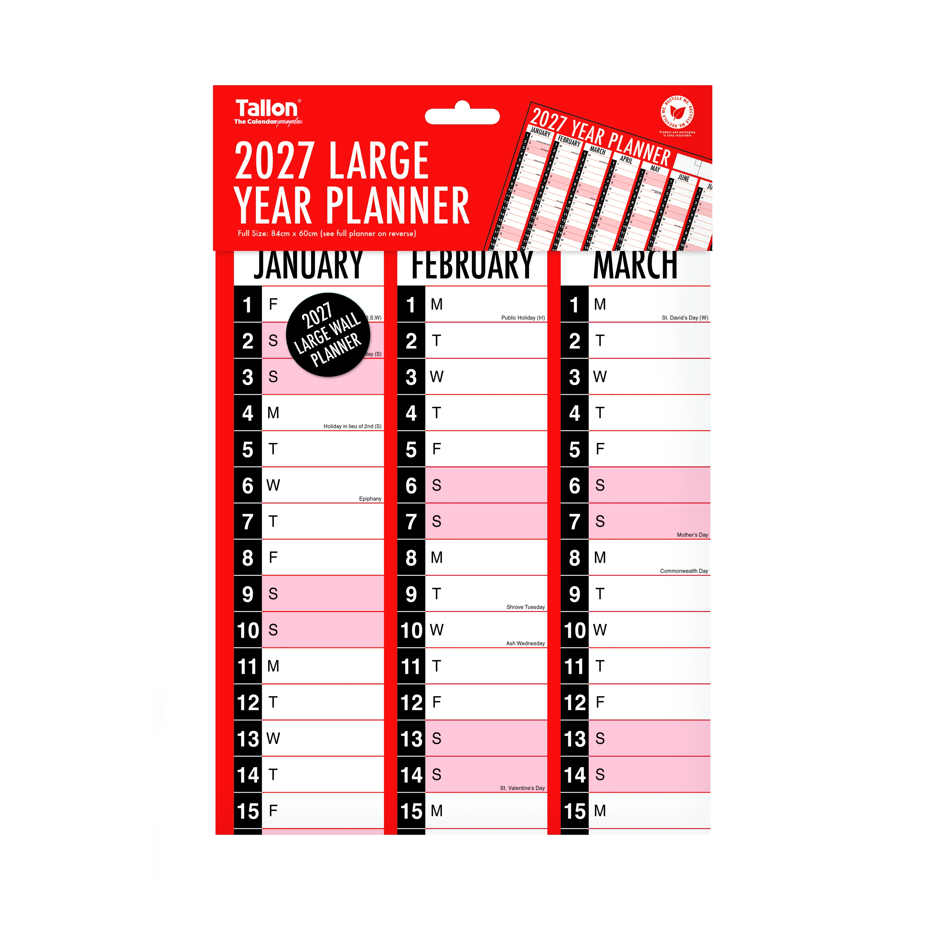 YEAR WALL PLANNER 2027 Folded 84x60cm (Open) H/pk [Splittable]