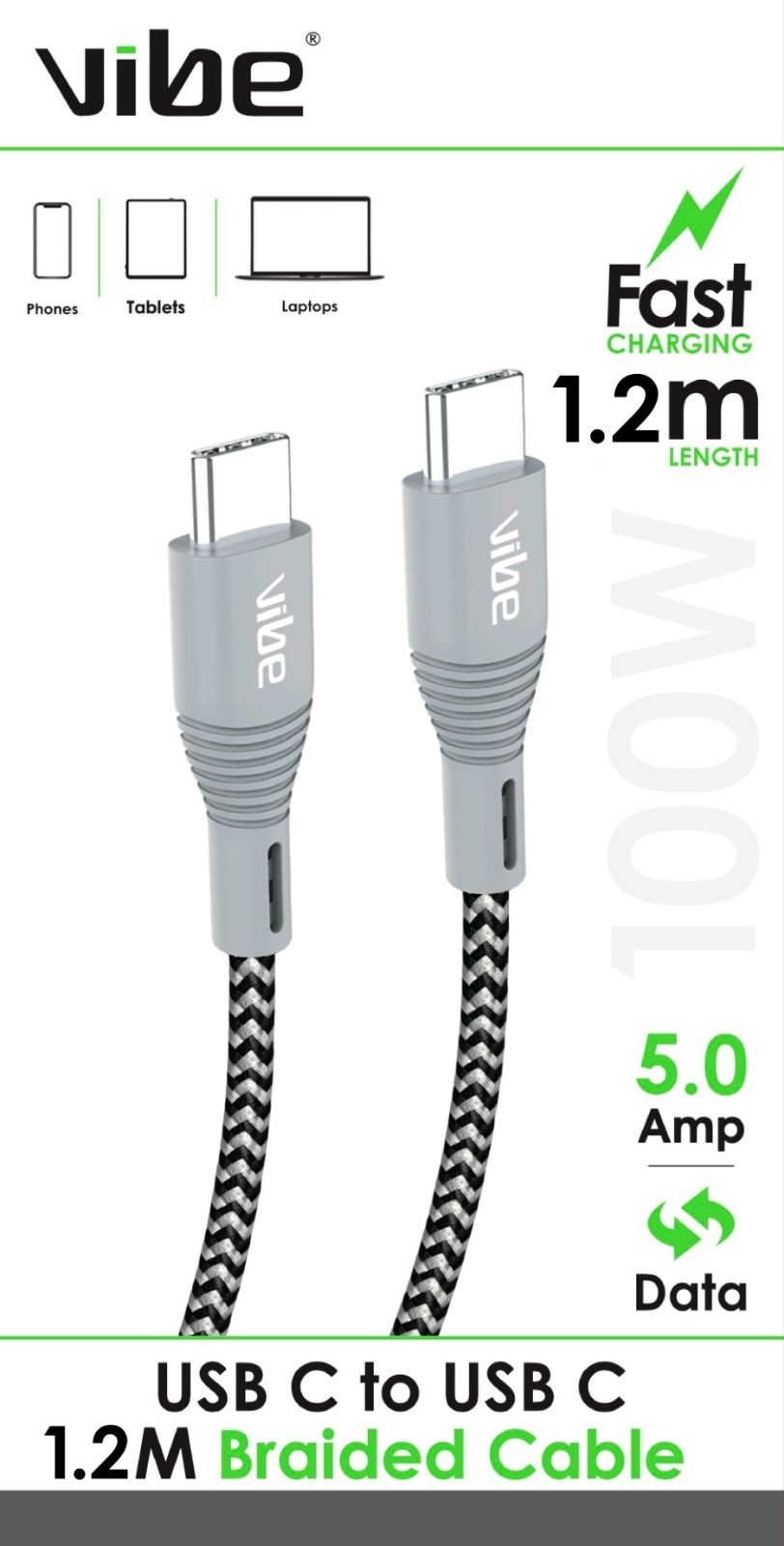 CHARGING & DATA CABLE, USB C to USB C Braided 1.2m Boxed