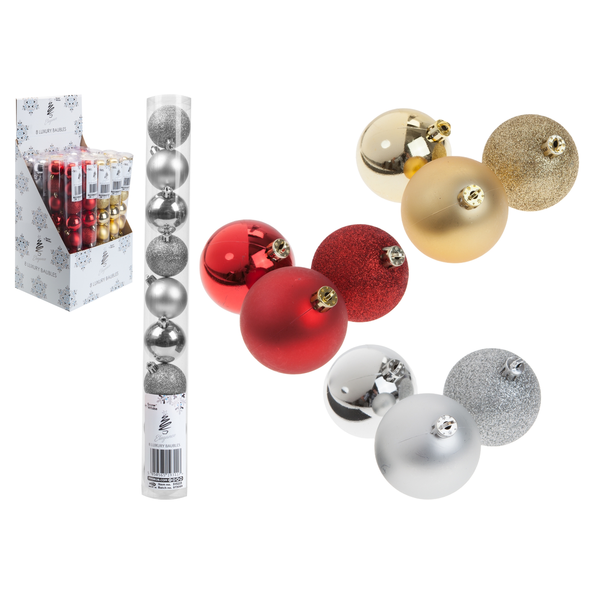 TREE DECORATION,Bauble Gold, Silver & Red 50mm Multi Finish 8`s In Tube CDU [Splittable]