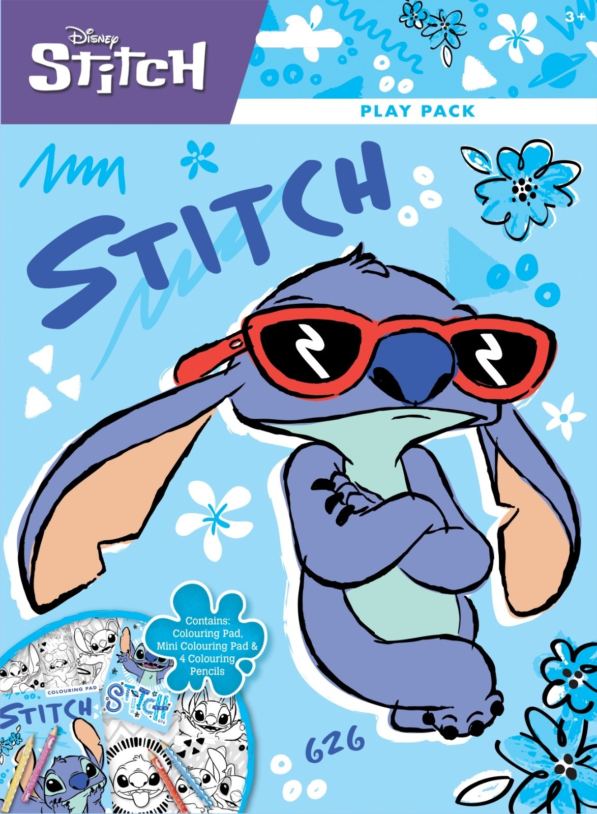 PLAY PACK,Stitch, A4 Colouring Pad, Mini Colouring Pad & 4 Mini Colouring Pencils [Splittable]