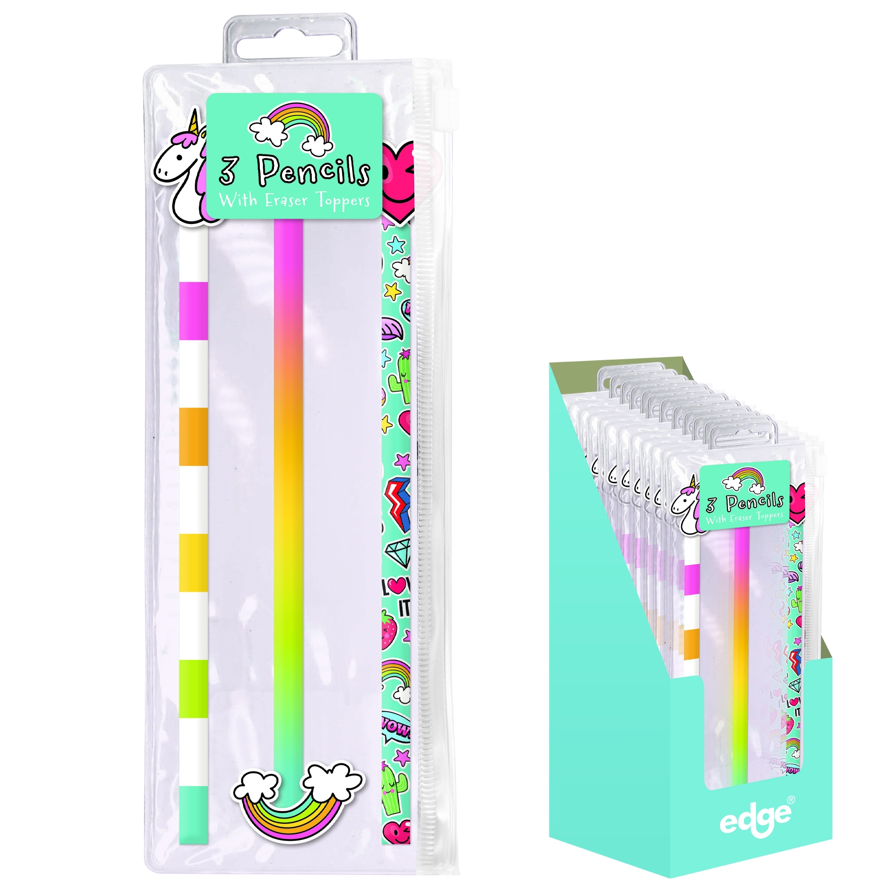 PENCIL SET, Novelty 3`s with Eraser Toppers, In Pouch CDU [Splittable]