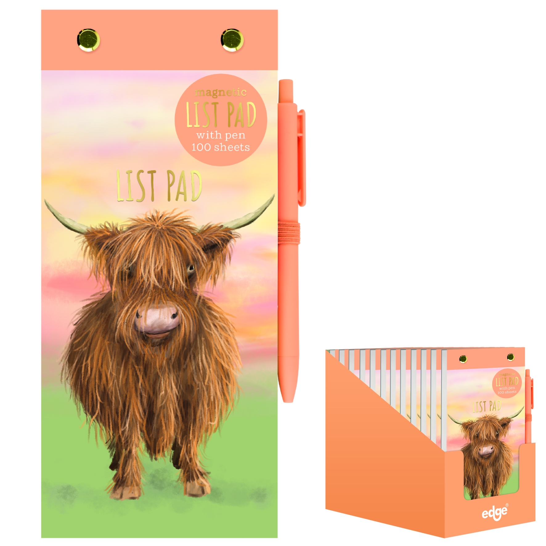 LIST PAD,Highland Cow Magnetic with Pen. 100 Sheets CDU [Splittable]