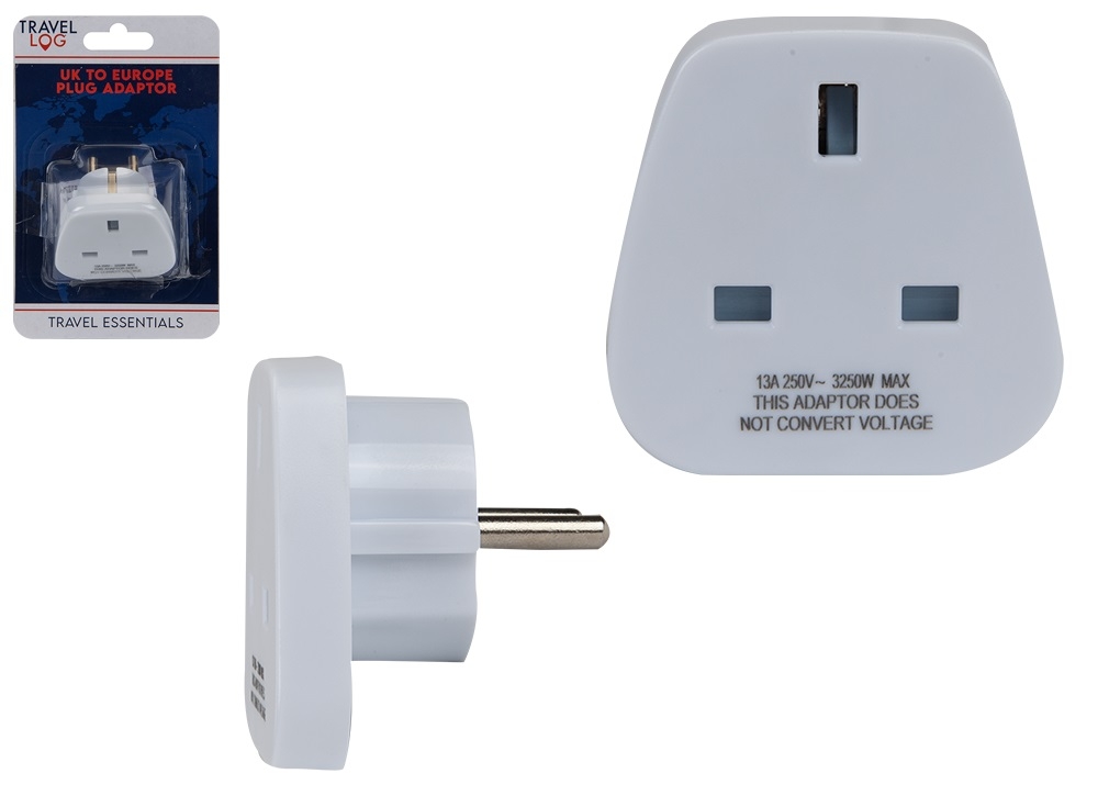 TRAVEL ADAPTOR, UK to Europe Travel Essentials H/pk [Packs Only]