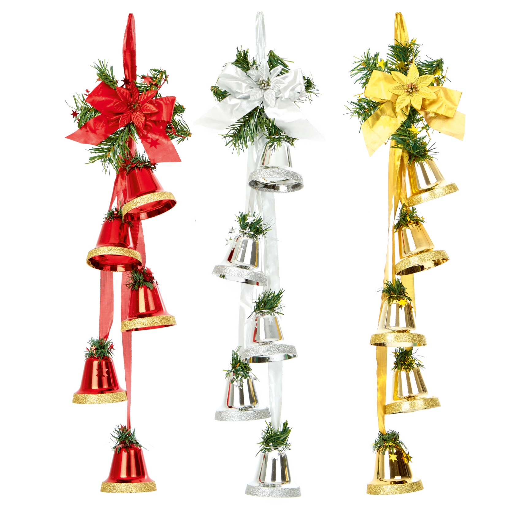 TREE DECORATION,Hanging Bell Clusters 5`s Red, Gold & Silver Assorted [Splittable]