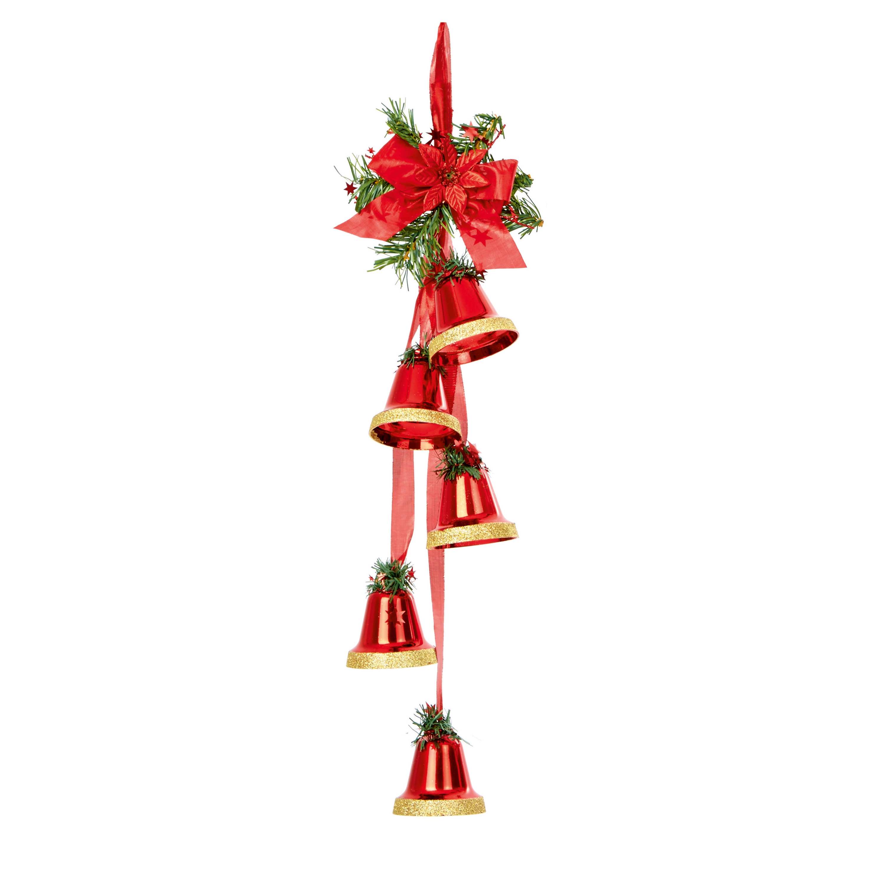 TREE DECORATION,Hanging Bell Clusters 5`s Red, Gold & Silver Assorted [Splittable]