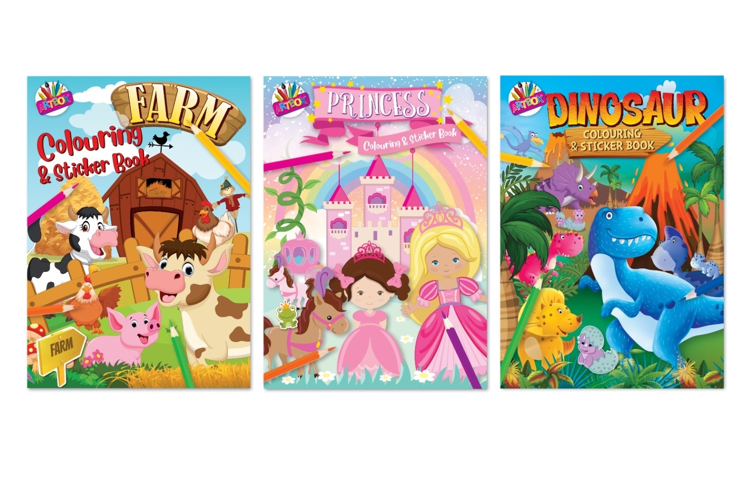 COLOURING & STICKER BOOK,Farm/Princess/Dinosaur Assorted [Packs Only]
