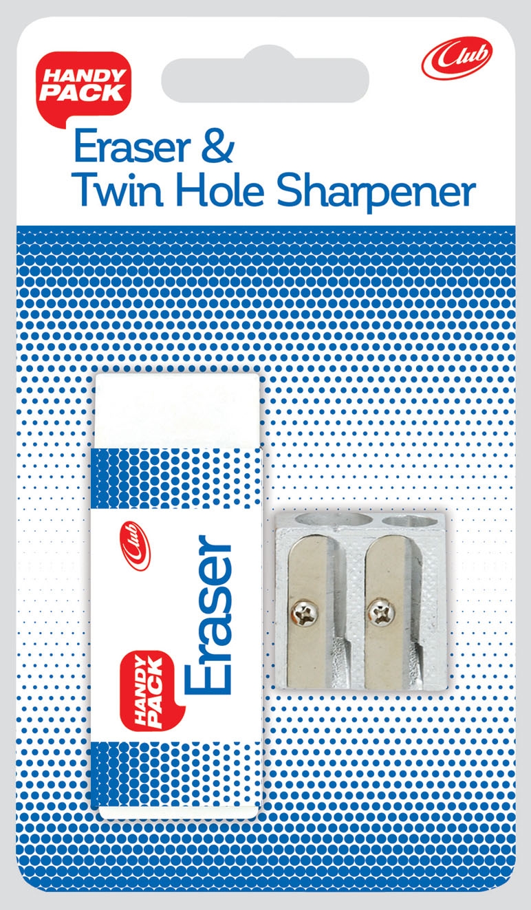 PENCIL SHARPENER,Metal 2 Hole Plus ERASER Club I/cd [Packs Only]