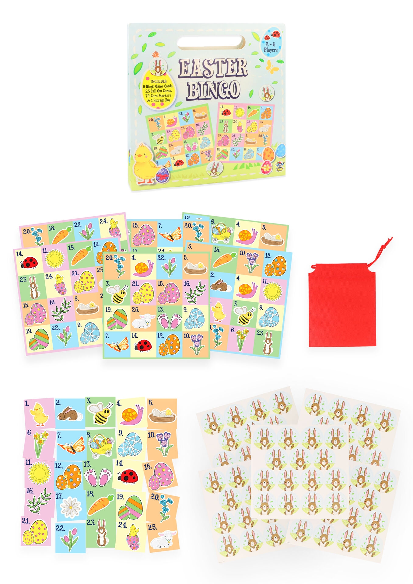 EASTER BINGO,6 Player with 72 Card Markers, 25 Call Out Cards & Storage Bag [Splittable]