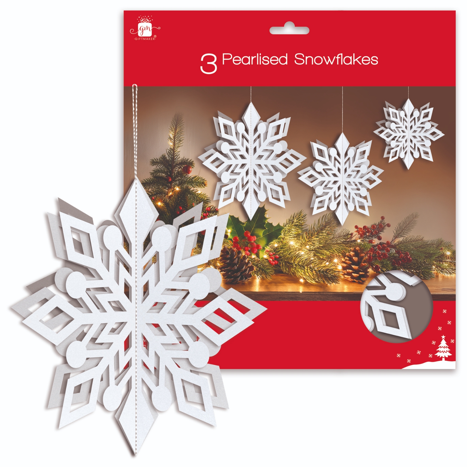 DECORATION,Pearlised Snowflakes 3`s H/pk [Splittable]