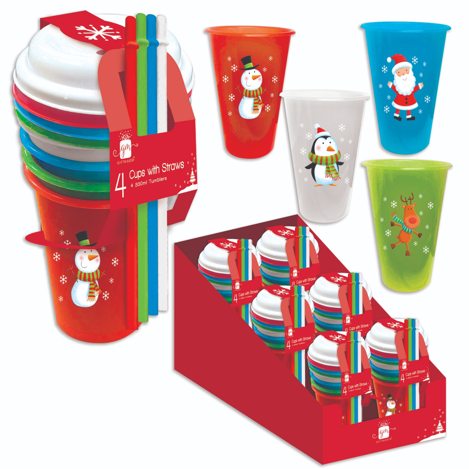 XMAS PLASTIC CUPS, with Lids & Straws 4`s CDU [Packs Only]