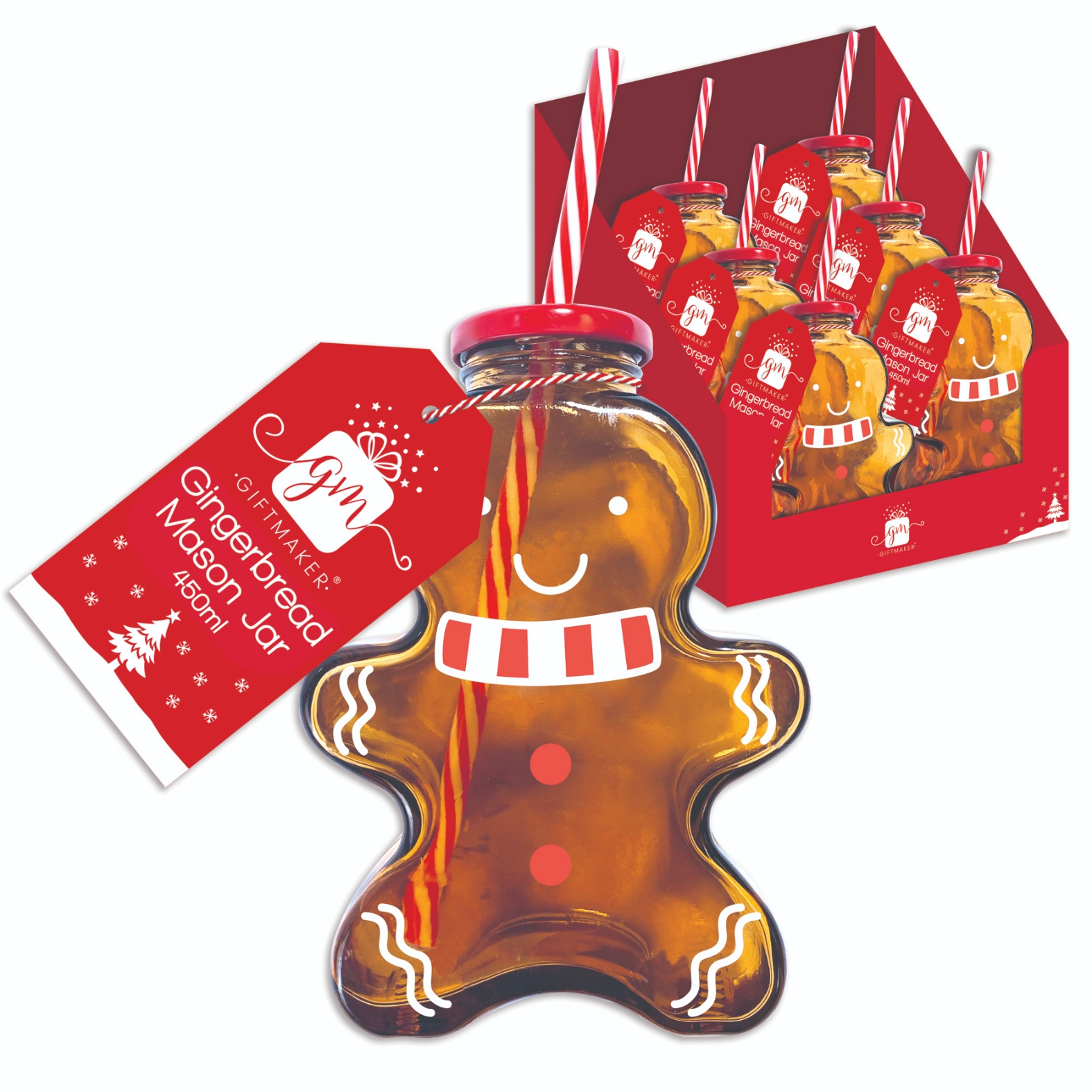 MASON JAR,Gingerbread with Screw on Lid & Straw CDU [Packs Only]