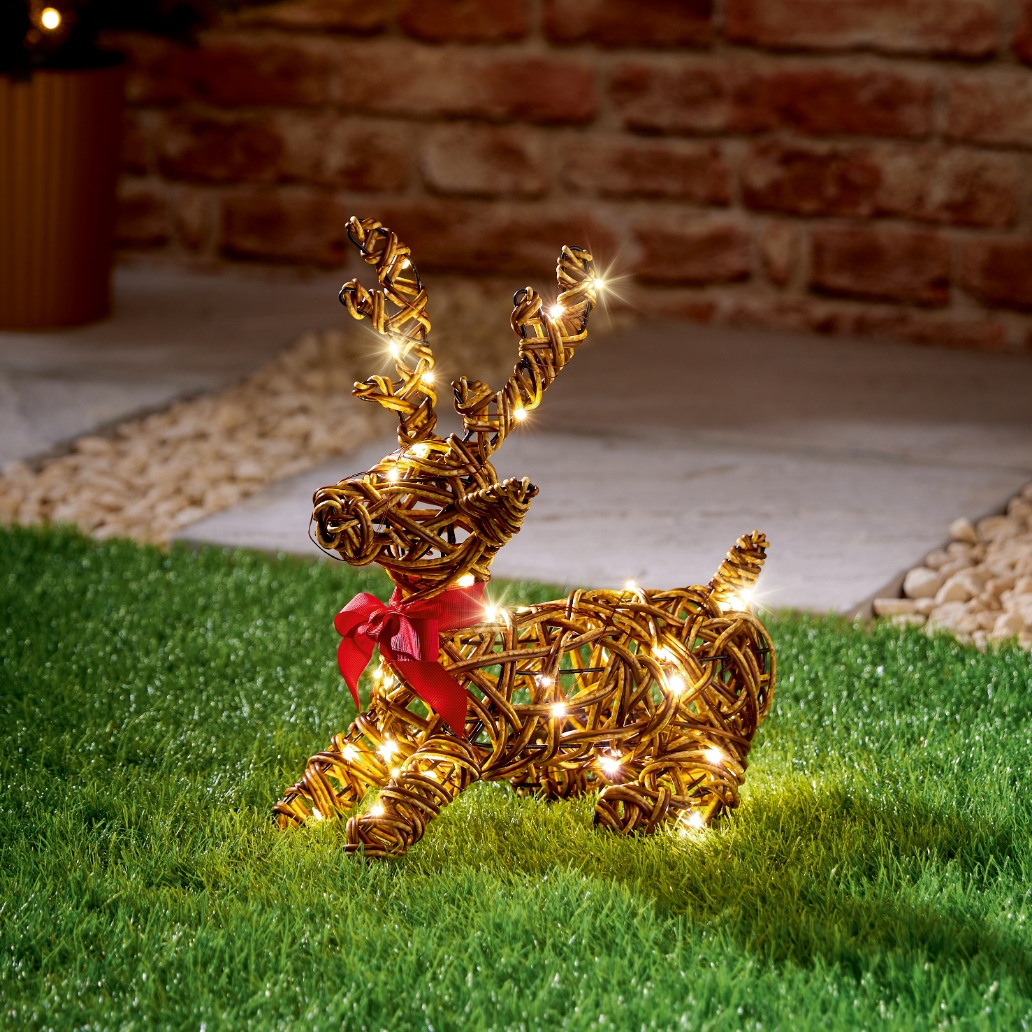 RATTAN SCULPTURE,Lying Reindeer 30cm Outdoor Battery Operated 40 LED