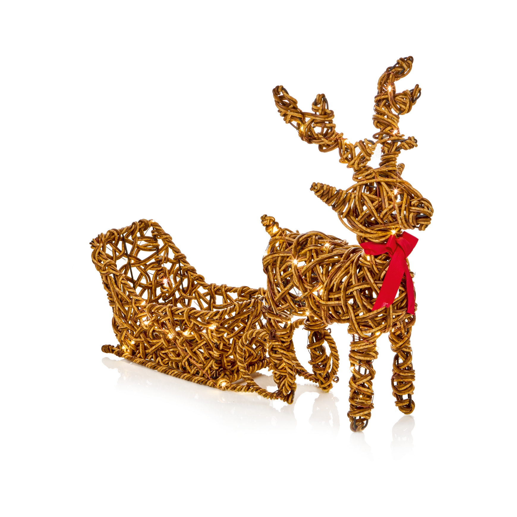 RATTAN SCULPTURE,Reindeer & Sleigh 50x39cm Outdoor Battery Operated 60 LED