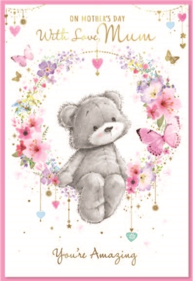 MOTHER`S DAY CARDS,Mum Teddy in Floral Wreath [Packs Only]