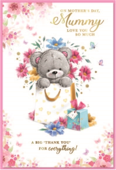 MOTHER`S DAY CARDS,Mummy 6`s Floral Teddy & Presents