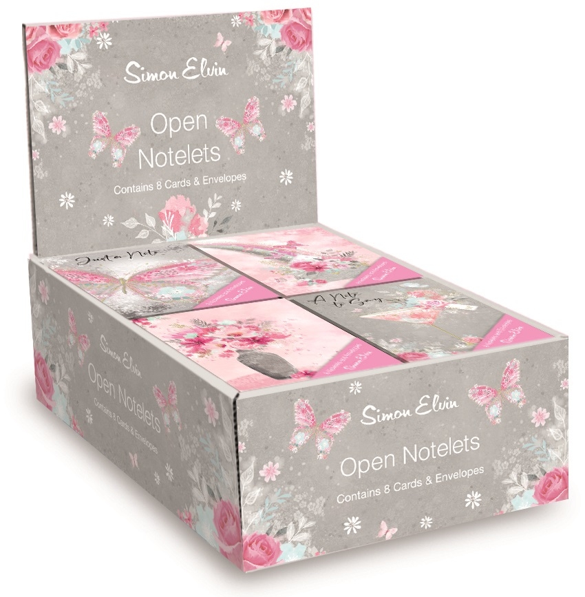 NOTELETS, Open, Butterflies Floral Design, 8`s CDU [Splittable]