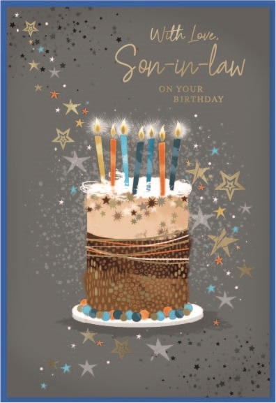BIRTHDAY CARDS,Son in Law 6`s Cake, Candles & Stars