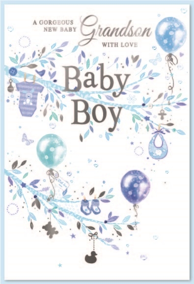 GRANDSON CONGRATS. CARDS, 6`s Blue Filiage & Balloons