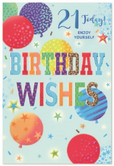AGE 21 CARDS,Male 6`s Balloons & Stars