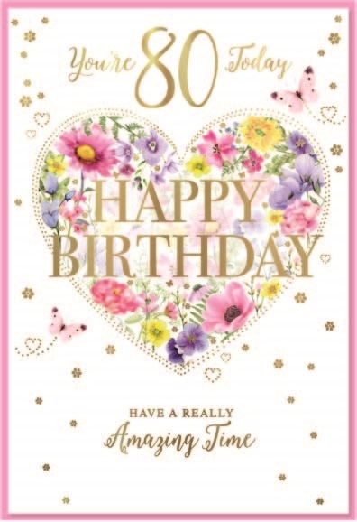 AGE 80 CARDS,Female 6`s Floral Heart