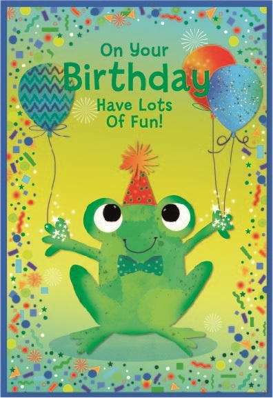 BIRTHDAY CARDS,Open 6`s Frog & Balloons
