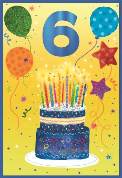 AGE 6 CARDS,Male 6`s Birthday Cake & Balloons