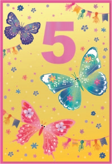 AGE 5 CARDS,Female 6`s Butterflies & Bunting