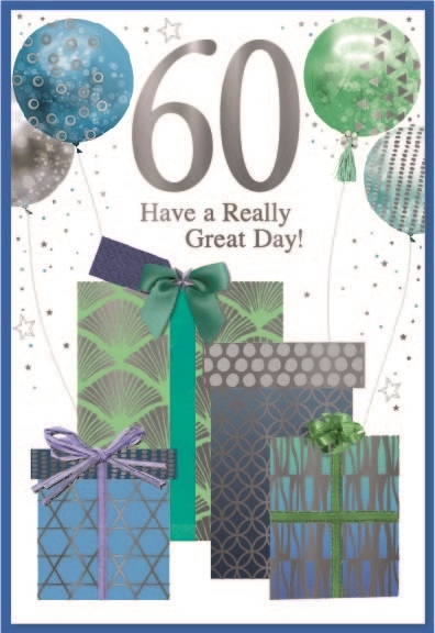 AGE 60 CARDS,Male 6`s Presents & Balloons