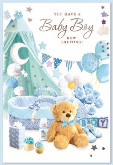 BABY BOY CONGRATS. CARDS,6`s Moses Basket & Presents