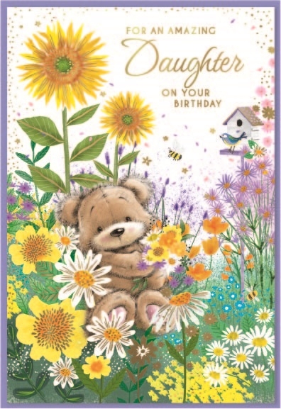 BIRTHDAY CARDS,Daughter 6`s Teddy in Flowerbed
