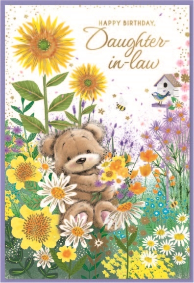 BIRTHDAY CARDS,Daughter in Law 6`s Teddy in Flowerbed