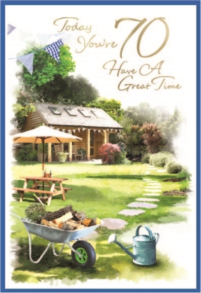 AGE 70 CARDS,Male 6`s Back Garden Scene