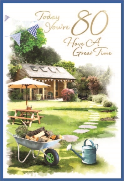 AGE 80 CARDS,Male 6`s Back Garden Scene