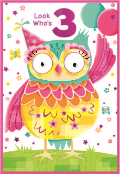 AGE 3 CARDS,Female 6`s Owl & Balloons