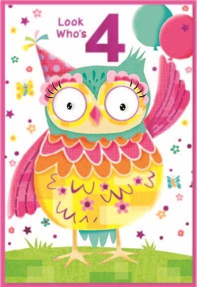 AGE 4 CARDS,Female 6`s Owl & Balloons