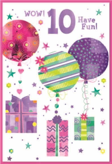 AGE 10 CARDS,Female 6`s Balloons & Presents