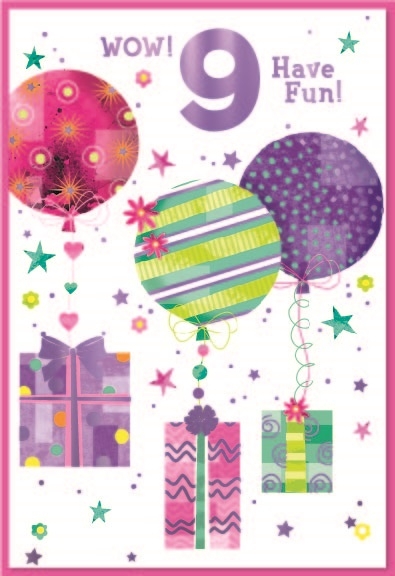 AGE 9 CARDS,Female 6`s Balloons & Presents