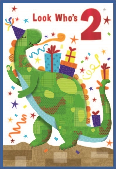 AGE 2 CARDS,Male 6`s Dinosaur & Presents