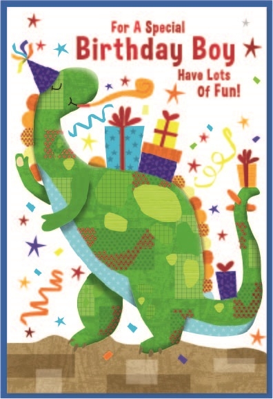 BIRTHDAY CARDS,Open 6`s Dinosaur & Presents