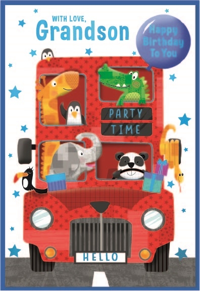 BIRTHDAY CARDS,Grandson 6`s Bus & Animals