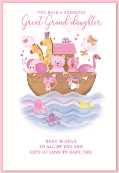 GREAT GRANDD`TR CONGRATS. CARDS 6`s Noah`s Ark Pink