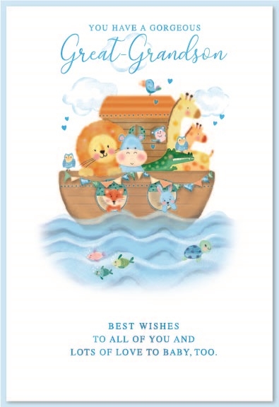 GREAT GRANDSON CONGRATS. CARDS 6`s Noah`s Ark Blue