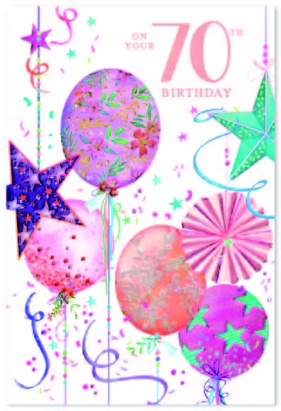 AGE 70 CARDS,Female Balloons, Stars & Streamers [Packs Only]
