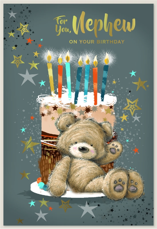 BIRTHDAY CARDS,Nephew Teddy with Birthday Cake [Packs Only]
