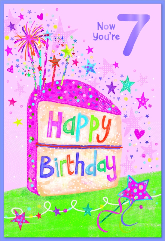 AGE 7 CARDS, Female Cake, Candles & Stars [Packs Only]