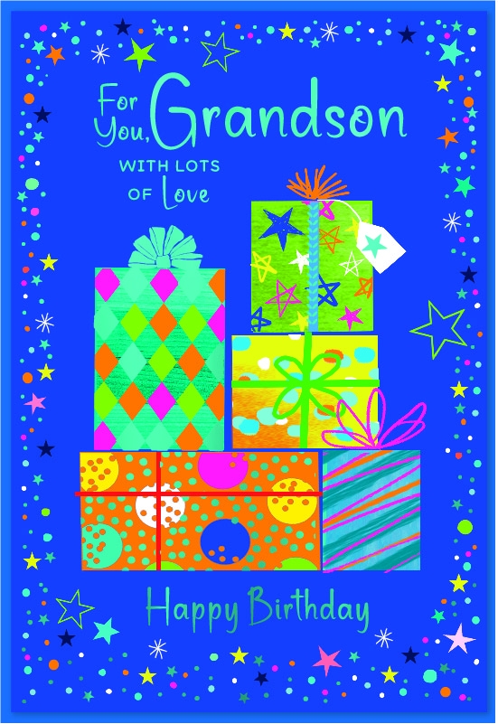 BIRTHDAY CARDS,Zingy Neon,Grandson Presents & Stars [Packs Only]
