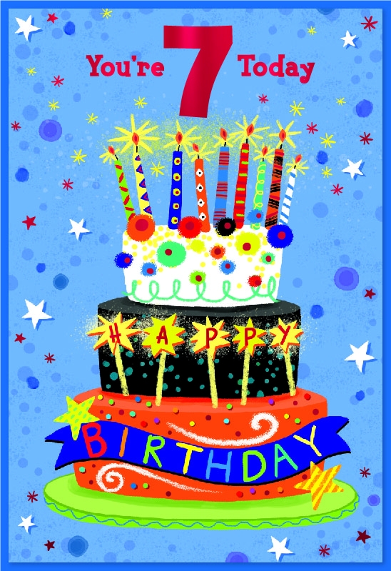 AGE 7 CARDS, Male Birthday Cake & Candles [Packs Only]