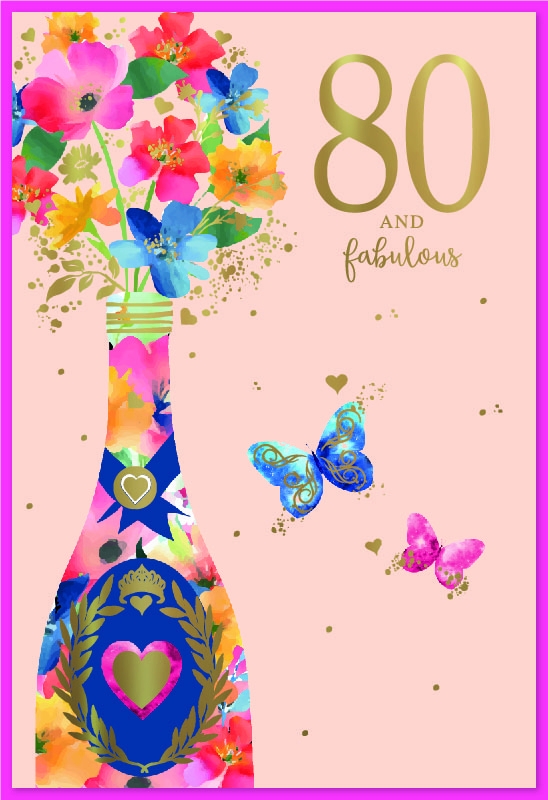 AGE 80 CARDS, Female Floral Wine Bottle & Butterflies [Packs Only]